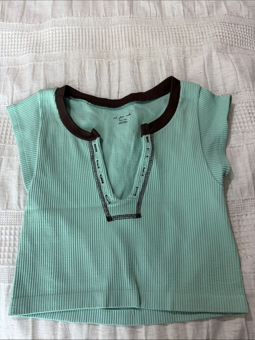 Mint Green Ribbed Tee with Chocolate Trim